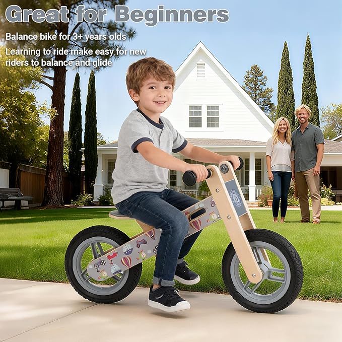 Wooden Toddler Balance Bike, Kids Balance Bike for 3 Year Old with Adjustable Seat, No Pedal Toddler Bicycle for Kids 3-5 for Boys and Girls Birthday Gifts Toys