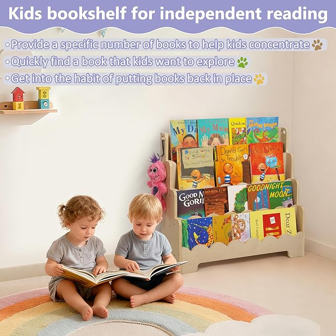 Kids Bookshelf Wooden 4-Tier, Scalloped Book Shelf for Kids Rooms, Front Facing Toddler Montessori Bookshelf, Baby Nursery Book Shelves Kid Classroom Book Shelf Bookcase