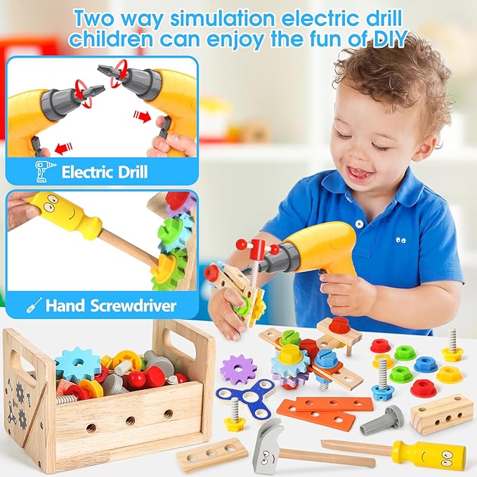 Kids Tool Set with Electric Drill, 39 Pcs Wooden Toddler Play Tool Bench Kits with Tool Box, Montessori STEM Educational Pretend Construction Toy for 3 4 5 6 Year Old Boys Girls Birthday Gifts