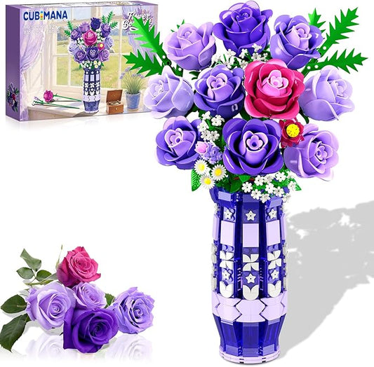 Purple Roses Flowers Building Set with Vase & LED Light, 17 Mini Flowers Bouquet Building Blocks Toy, Artificial Flowers for Home Office Decor & Display, Gifts for Adults Women Kids Girls 12+