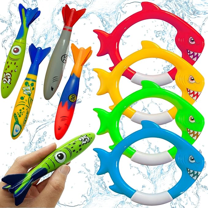 Haktoys Shark Dive Rings & Pool Diving Toys – 8-Piece Sinking Torpedoes and Fish Rings for Kids Swim Training, Boys Pool Games & Underwater Summer Fun