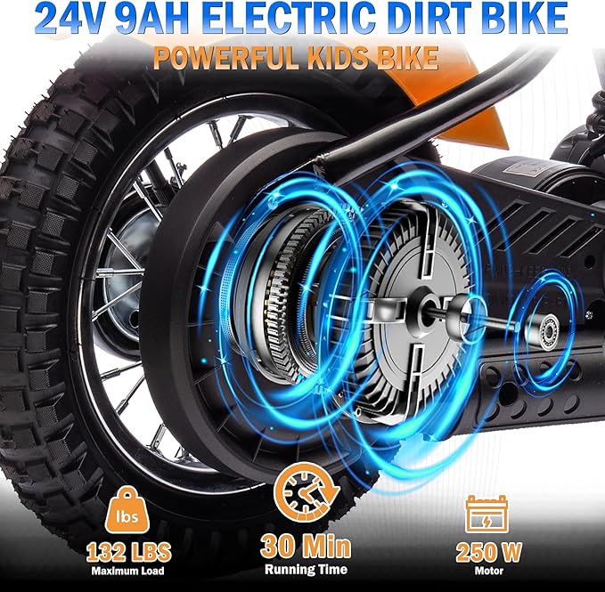 Electric Dirt Bike for Kids, 24V 9AH Ride on Toy for Big Kids, 250W Strong Motor 14MPH Fast Speed Electric Retro Off-Road Motorcycle, LED Lights, Orange