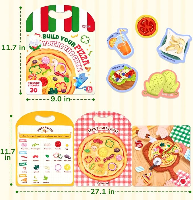 JoyCat Reusable Sticker Book - Jelly Stickers for Toddlers, Kids Sticker Activity Book, Travel Toys for Road Trip, Car & Airplane, Educational Learning Gifts for Boys and Girls Ages 3-5 (Pizza-Making)