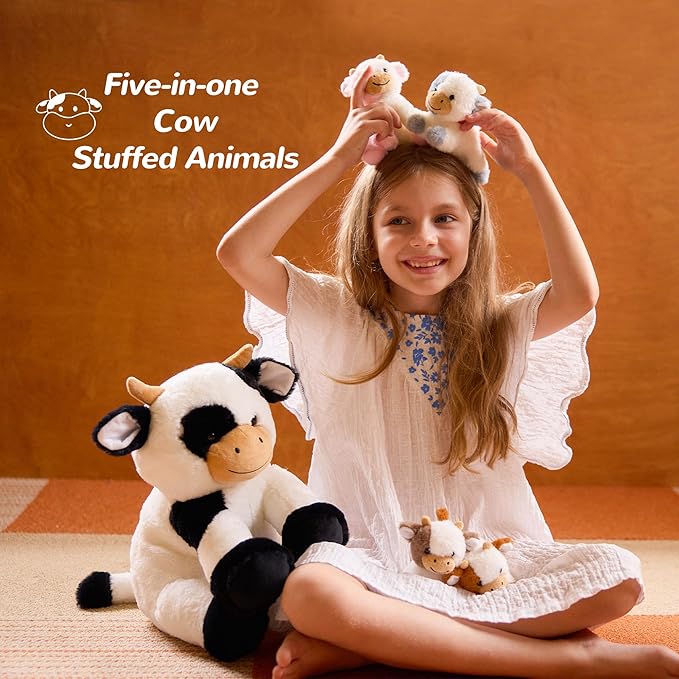 5 Pieces Cow Stuffed Animals for Boys Girls, 1 Mommy Cow with 4 Babies Soft Plush Toy Set Gifts for Kids Children 3 4 5 6 7 8 9 Years, Christmas, Birthday, Party Decorations