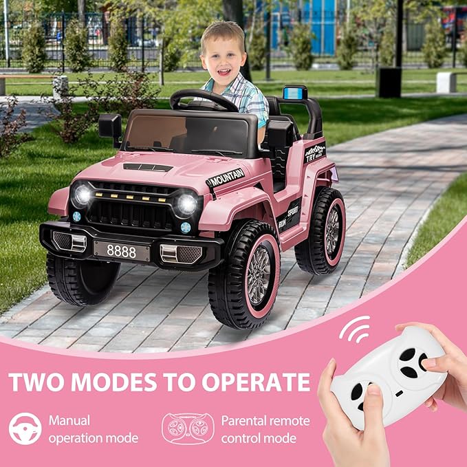 12V Kids Ride On Truck Car, Battery Powered Electric Vehicles with Remote Control, Spring Suspensions, 3 Speeds, LED Lights, Music, MP3, Ride On Toy Car for Children Toddles Boys Girls, Light Pink