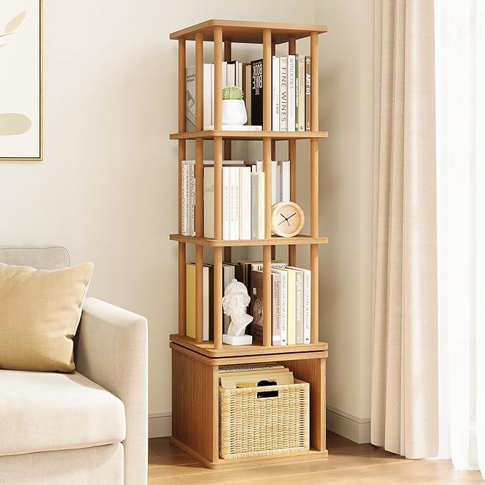 IOTXY 4-Tier Rotating Bookshelf Tower - Beech Wood Frame Spinning Bookcase with Storage Base, Tall Freestanding Revolving Shelf Organizer, Oak