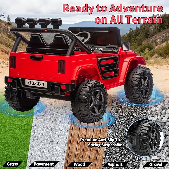 2 Seater Ride on Car Toy for Kids, 24V 4x4 Ride-on Truck, w/Parent Control, Soft Start, 3 Speed, 4-Wheeler Suspension, Bluetooth, LED Lights, Electric Car for Kids Toddler Ages 3-8, Red