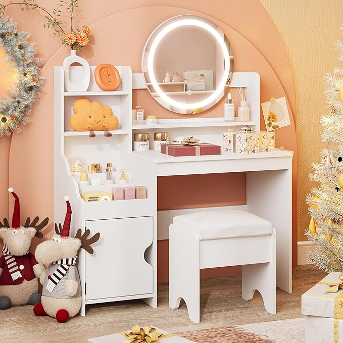 Vabches Kids Vanity with Lights, Princess Makeup Vanity Desk with Open Bookshelf, Storage Cabinet & Shelves, Toddler Vanity Table and Chair Set, Pretend Play Vanity Set for Little Girls, White