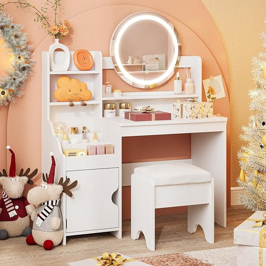 Vabches Kids Vanity with Lights, Princess Makeup Vanity Desk with Open Bookshelf, Storage Cabinet & Shelves, Toddler Vanity Table and Chair Set, Pretend Play Vanity Set for Little Girls, White