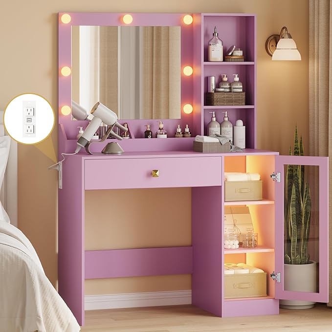 Vanity Desk with Mirror and Lights, Small Makeup Vanity Table with RGB Storage Cabinet & Power Strips & Shelves, 3 Lighting Modes & Adjustable Brightness, Dressing Table for Women Girl Bedroom, Purple