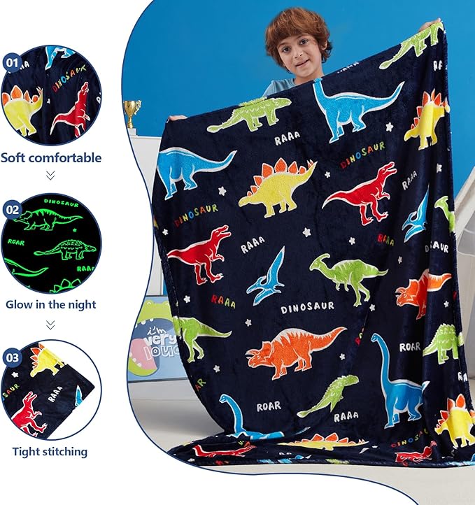QSTEHEML Dinosaur Glow in The Dark Blanket,Dinosaur Gifts for Boys Age 3 4 5 6 7 8 9 10 11 12 Year Old, Soft Throw Blanket for Kids Boys- Christmas Birthday Bedroom Decor 50"×60"