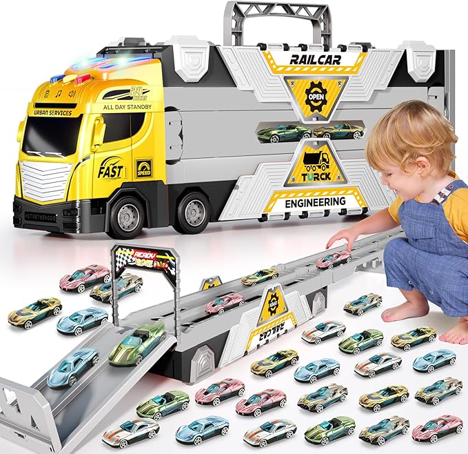 65-Inch Race Car Tracks and 20 Car Toys for Kids Boys Toddlers, Boy Toddler Toys Trucks for 3 4 5 6 7 8 Years Old Kids with Lights Sounds, Truck Toys Gift for 3 4 5 6 7 8 Years Old Boys Girls