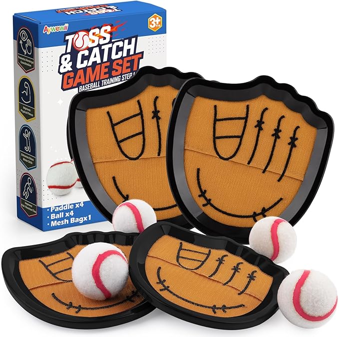 Aywewii Toss and Catch Ball Set Beginner Baseball Training Gloves Beach/Pool Toys Outdoor/Backyard Games for Toddlers and Kids Ages 3-8 Fun Gift for Boys and Girls (Black, 4 Paddles & 4 Balls)