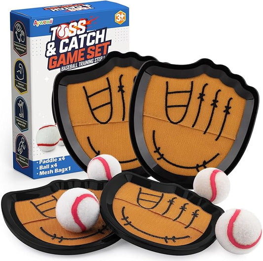 Aywewii Toss and Catch Ball Set Beginner Baseball Training Gloves Beach/Pool Toys Outdoor/Backyard Games for Toddlers and Kids Ages 3-8 Fun Gift for Boys and Girls (Black, 4 Paddles & 4 Balls)