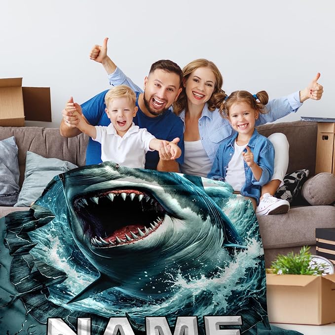Shark Blanket for Boys Personalized Kids Throw Blankets Gifts for Teens Shark Lovers - Soft Lightweight Cozy Custom Stuff Throw 4 Sizes for Sofa Chair Bed Office Home Decor All Seasons