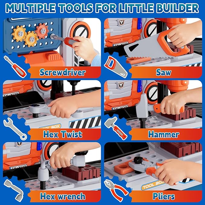 Kids Tool Bench Set with Electric Drill & Work Clothes, 68 PCS Realistic Toddler Tool Set for Ages 3-5, STEM Workbench Toy for Boys Girls, Pretend Play Construction Kit, Birthday Gift