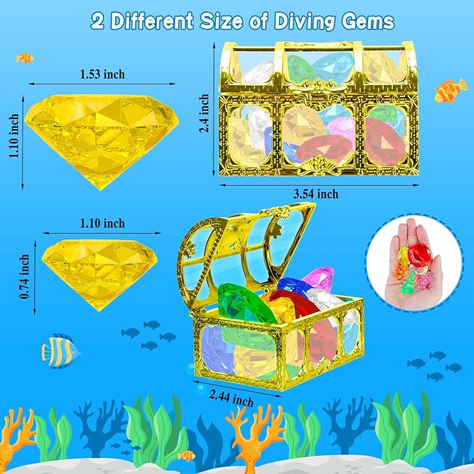 MGparty 24pcs Diving Gem Pool Toys Colorful Diamonds Set with Pirate Treasure Chest Summer Toy Underwater Swimming Toys for Boys and Girls Pool Games Water Toys