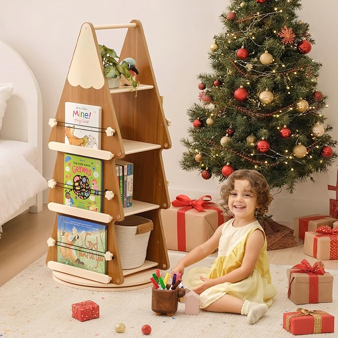 OOOK Solid Wood Rotating Bookshelf Tower 4 Tier, 360°Display Floor Standing Spinning Bookshelf Tower, Small Corner Bookcase for Small Spaces, Kids Tree Book Shelf for Kids Rooms, Classroom, Nursery