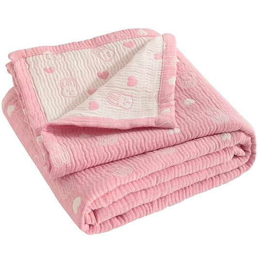 NTBAY 3 Layer Oversized Muslin Cotton Toddler Blanket, Jacquard Reversible Nursery Bed Blanket, Super Soft and Thermal for All Seasons, Baby Gift, 45"x60", Pink Rabbit