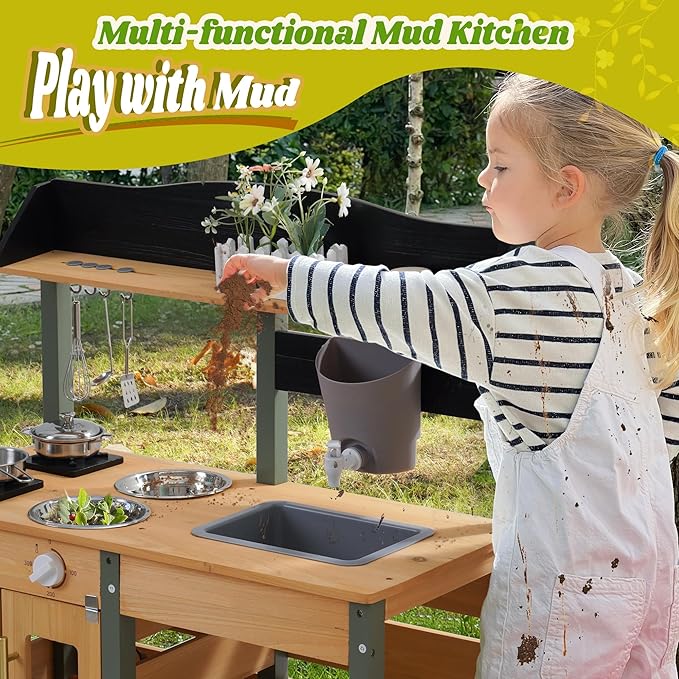 ROBOTIME Mud Kitchen for Kids Outdoor, Wood Outdoor Kitchen with Insect Observation Box & Planter Box, Toddler Play Kitchen with Removable Sink & Faucet, Pretend Outdoor Playset for Garden Fun