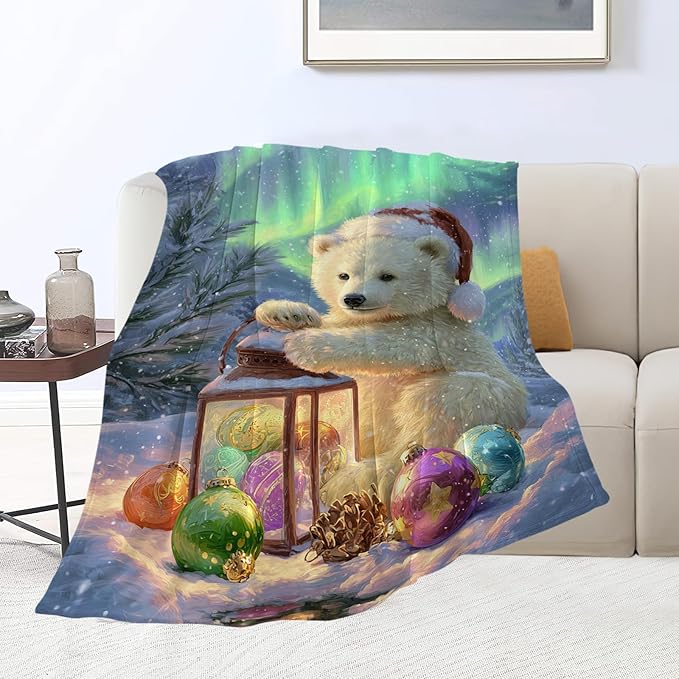 Christmas Polar Bear Blanket White Bear Winter Aurora Throw Blankets Gifts for Girls Boys Kids Animal Lovers Soft Cozy Fleece Plush for Couch Sofa Bed 50"x40"