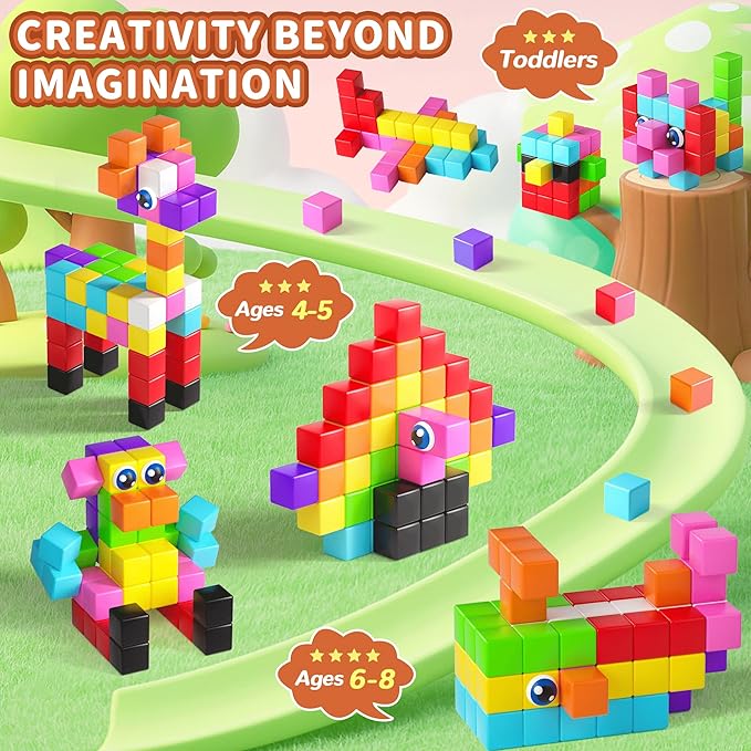65PCS Magnetic Blocks with Magnet Eyes Toy, Magnetic Building Blocks with Storage Bag for Kids Gifts, STEM Preschool Sensory Magnetic Cubes for Toodlers Boys Girls Ages 3 4 5 6 7 8, Bright Color