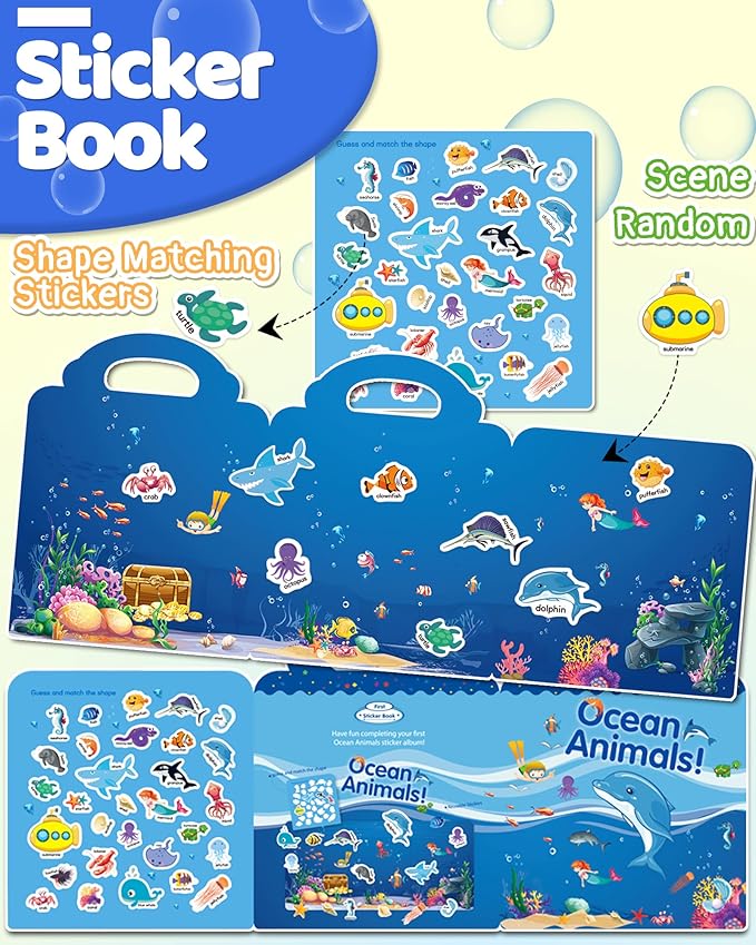 Benresive Reusable Sticker Book for Toddlers 2-4 Years, Fun Travel Stickers for Kids, Waterproof Sticker Books for Toddlers 1-3, Crafts Activities for Toddler 1-3 2-4 3-5 - Ocean Animals