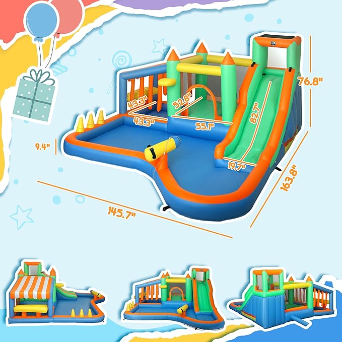Qaba Inflatable Water Slide with Large Splash Pool, 8 in 1 Bouncy House Water Park with 680W High Power Blower, Ball Pit, Water Cannon, Climbing Wall, Toss Ring, Basketball Hoop