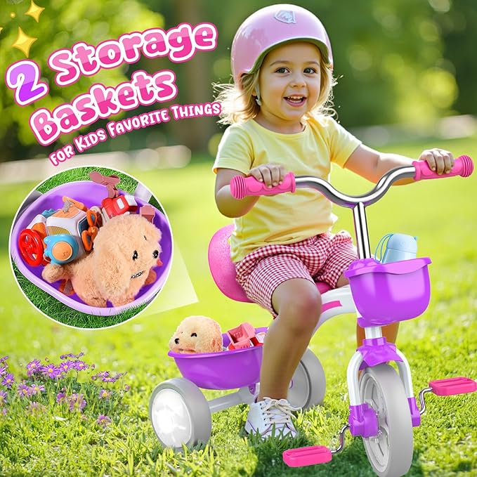 Toddler Tricycle for 1-3 3-4 Year Olds, Toddler Toys Baby Bike, Toys for Ages 2-4, 3-Level Adjustable Seat, 3 Colorful Lighting Wheels, 2 3 4 Year Old Girl Birthday Gifts