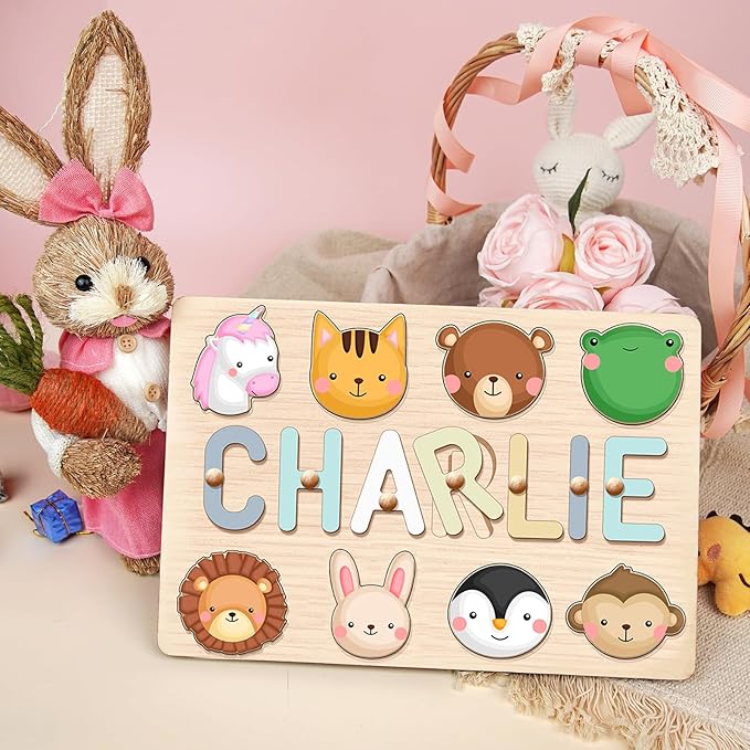 Name Puzzle for Kids Personalized, Wooden Name Puzzles for Toddlers 1-3, Engraved Text Greetings on Back, Custom Baby 1st Birthday Gifts for Girl&Boy, Kids Sensory Toys (Name Puzzle)