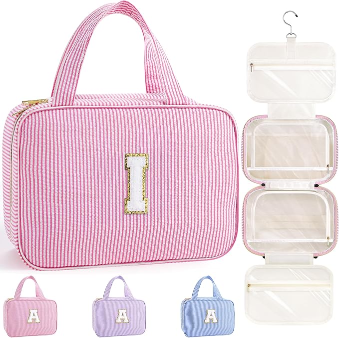 TOPEAST Travel Toiletry Bag for Women - Hanging Toiletry Bag Initial Makeup Bag, Portable Toiletries Cosmetic Bag, Airplane Travel Essentials - Letter I, Pink