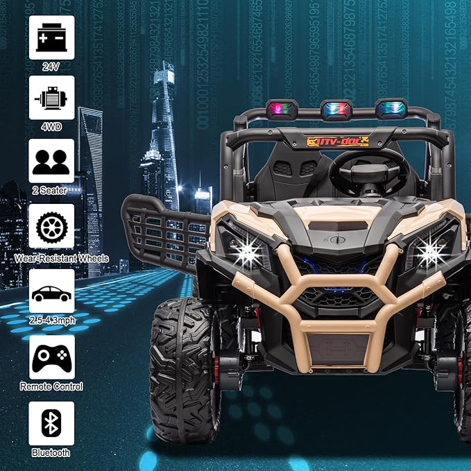 24V 2-Seater Ride On Toys 4x4 Ride On Buggy with Remote Control Battery Powered Kids Electric Car Off-Road Vehicles Side by Side UTV OutDoor Grass Colorful LED Lights for Boys and Girls, Yellow