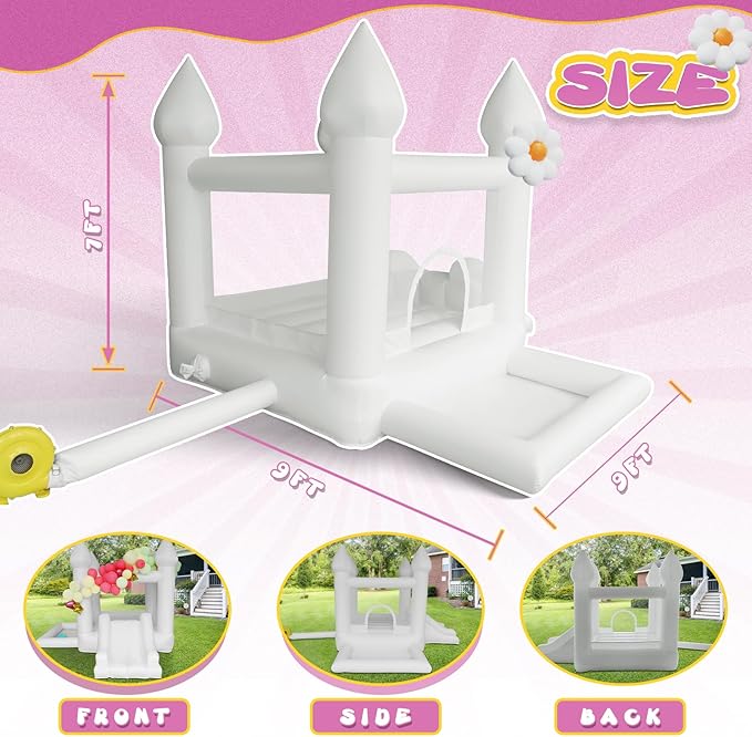 AKSPORT White Bounce House Castle Inflatable Jumping Castle with Slide & Air Blower for Kid, Wedding, Birthday Party Castle, 9 * 9 * 7FT