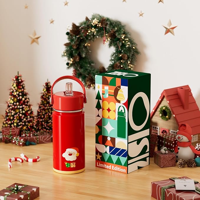 OISIZ Christmas Water Bottle for Kids,14oz Insulated Cup with Straw Lid,316 Stainless Steel Bottles for School,Insulated Tumbler for Holiday Gifts for Kids,Keep Cold for 24 Hours