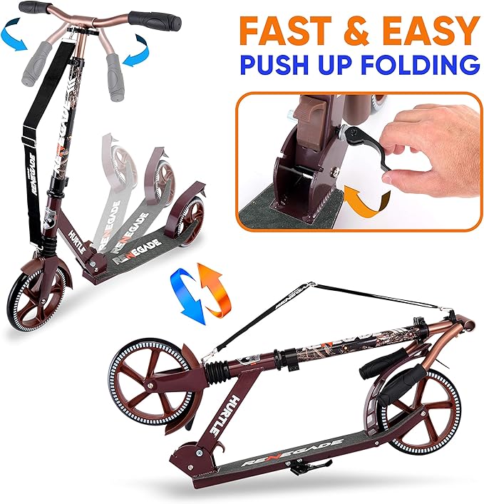 Hurtle Renegade Kick Scooter for Kids, Teenagers & Adults - 2-Wheel Folding Scooter with Adjustable T-Bar Handlebar - Alloy Anti-Slip Deck