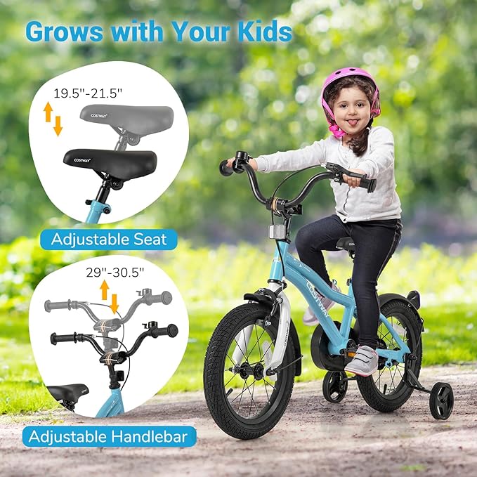 COSTWAY 12/14/16/18 Inch Kids Bike, Children Toddler Bicycle with Training Wheels, Adjustable Seat & Handlebar, Handbrake & Coaster Brake, Reflectors, Bell, Suitable for 3-8 Years Old Boys Girls