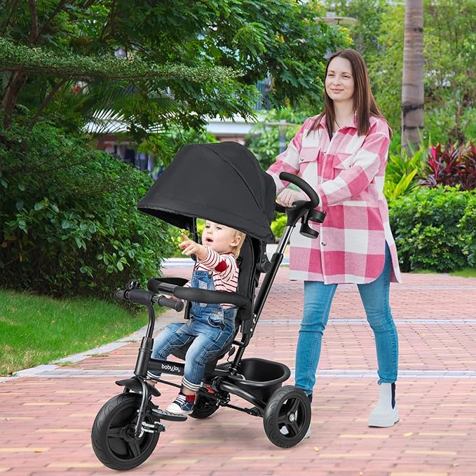 BABY JOY Tricycle, 6 in 1 Tricycle for Toddler w/Reversible Seat, Adjustable Canopy & Parent Handle, 5-Point Safety Belt, PU Wheels and Storage Basket, Push Tricycle for 9-60 Months (Black)