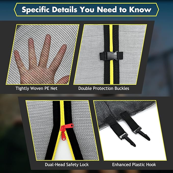 Giantex Trampoline Safety Net, 8 10 12 14 15 16Ft Weather-Resistant Replacement Enclosure Net for Round Frame, with Double-Headed Zippers, Protection Buckles & Enhanced Hook, Poles Not Included