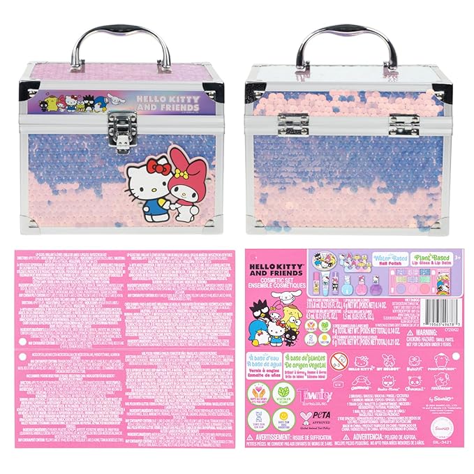 Hello Kitty & Friends Train Case Beauty Set, Kids Makeup Kit for Girls, Real Washable Makeup Set, Play Makeup, Party Favor, Birthday, Ages 3 4 5 6 7 8 9 10 11 12 by Townley Girl