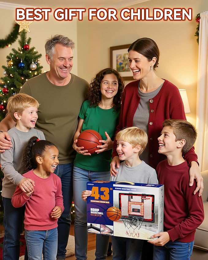 Indoor Basketball Hoop Pro, Mini Basketball Hoop Over The Door with LED Light/Scoreboard/4 Balls- Upgraded Anti-Impact Backboard, Basketball Toys Gift