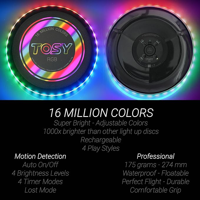 TOSY Flying Disc - 16 Million Colors RGB or 36 LEDs, Extremely Bright, Smart Modes, Camping Essentials for Teens/Kids/Adults/Men/Boys/Girls, Auto Light Up, Rechargeable, Waterproof, 175g