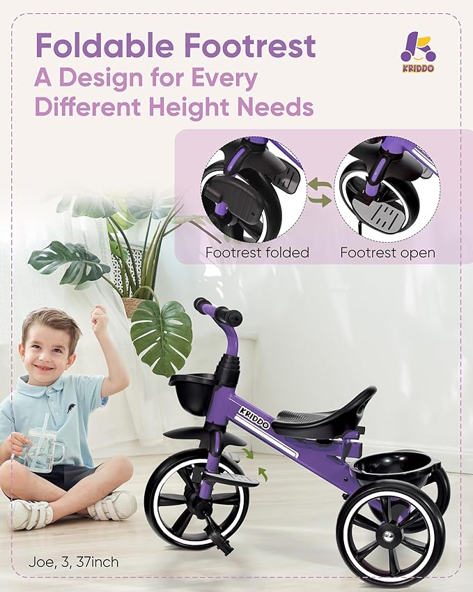 KRIDDO 2-in-1 Toddler Tricycle for Ages 18 Months to 5 Years Old - Extended Push Handle for Effortless Push, Gift Trike for Toddler 3 to 5 Year, Kids Tricycle with Foldable Front Footrest, Purple