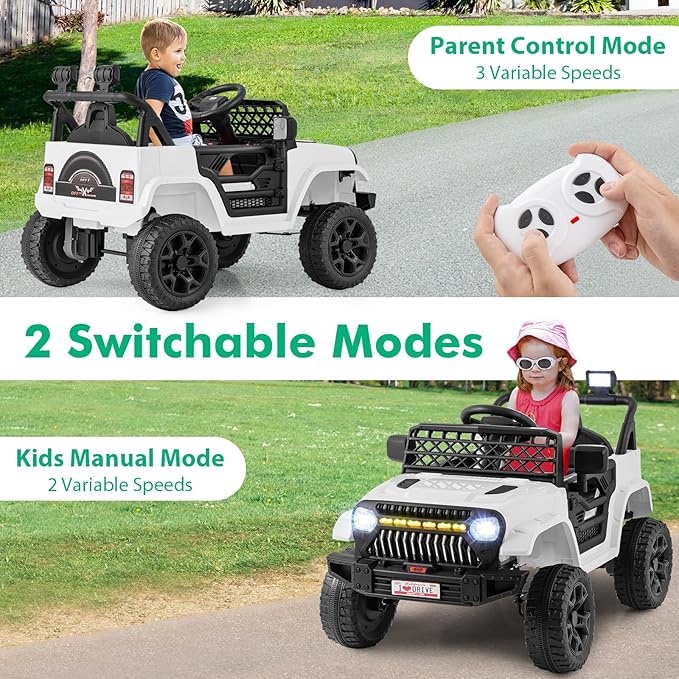 Costzon Kids Ride On Truck, 12V Battery Powered Electric Vehicles w/Remote Control, Spring Suspensions, 3 Speeds, Music, Lights, Wireless Connection, Ride on Car for Boys & Girls 3+ (White)