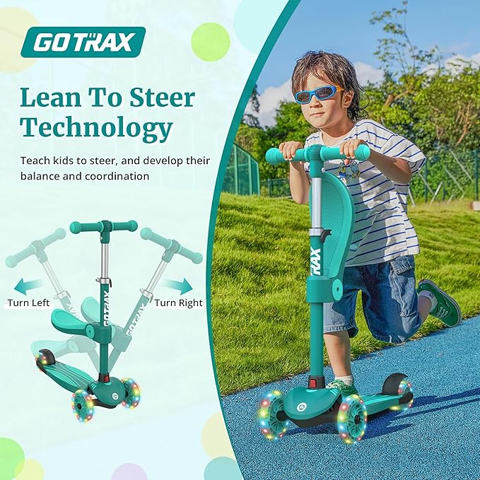 Gotrax KS3 Kids Kick Scooter, LED Lighted Wheels, Adjustable Height Handlebars and Removable Seat, Lean-to-Steer & Widen Anti-Slip Deck, 3 Wheel Scooter for Kids Ages 2-8 and up to 100 Lbs