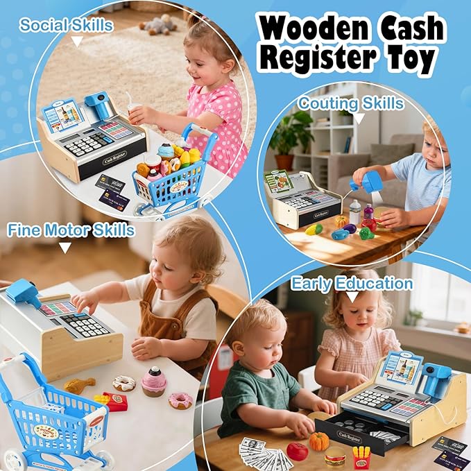 Wooden Cash Register for Kids with Shopping Cart Rechargeable Kid Cash Register with Scanner Gift for Kids Age 3 4 5 6 7 8 9 Year Old Pretend Play for Toddlers Toys for 3-12 Year Old Boys