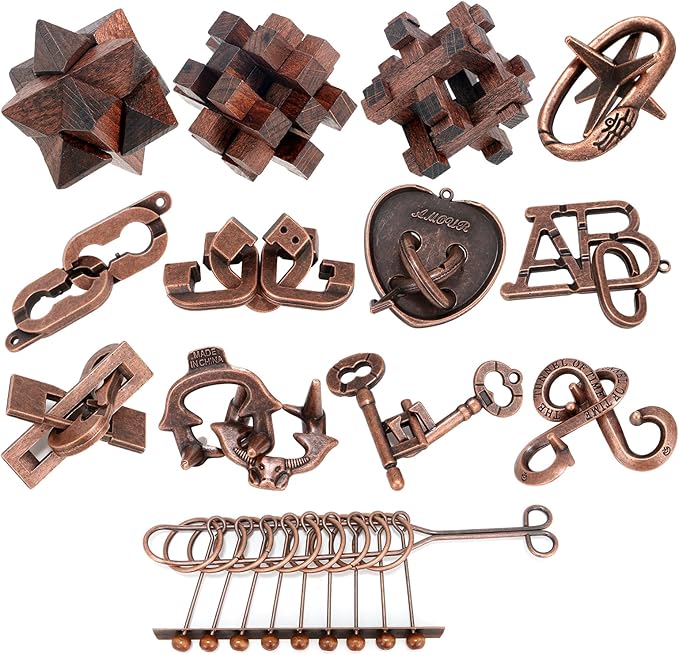 13 Pcs Brain Teaser Puzzles for Adults - Metal Puzzles 3D Puzzle Game Toys for Adults Teens - Wooden Unlock Interlocking Puzzle Adult IQ Education Smart Toys