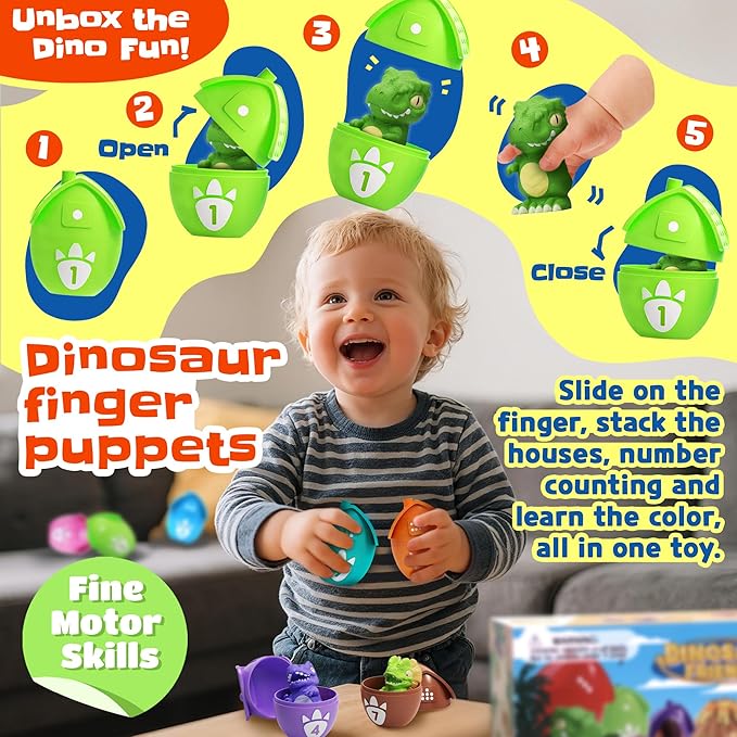 Learning Toys for Toddlers 1 2 3 Years Old-Matching Egg Toys with Dino Finger Puppet for Montessori Learning, Counting, Stacking, Sorting-Easter Christmas Birthday Gift for Baby Boys Girls