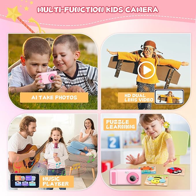 Kids Camera, 3.97IN AI Digital Camera with Beauty Camera, Flashlight, 1080P HD Video Selfie Camera Dual Lens, Portable Toy Christmas Birthday Gifts for Children, 2000mA(Pink)