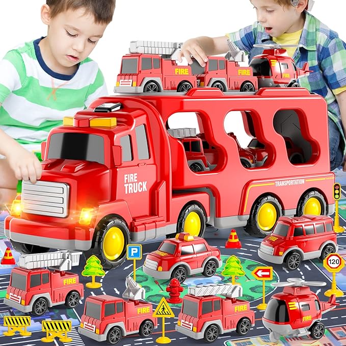 Bennol Toddler Car Toys for 1 2 3 4 5 6 Years Old Boys, 7 in 1 Fire Car Trucks Playset with Play Mat & Accesoories, Birthday Gifts for Toddlers Kids Boys Girls Age 1-3 3-5