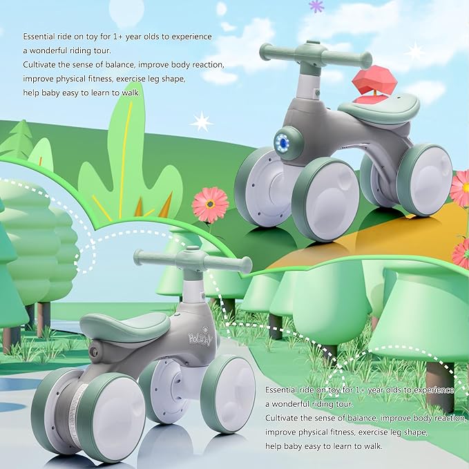 Baby Toddler Balance Bike with Bubble Machine for 1 Year Old Children,4 Wheels Kids Balance Bike w/Bubble Maker,Kids Ride on Toys w/Music,Headlight for Ages 12-36 Months Boys Girls (Light Green)